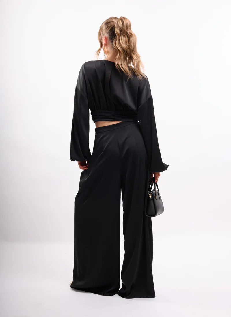 Faia Black Black Satin Palazzo Trouser Co-Ord for Women | Best Price UAE