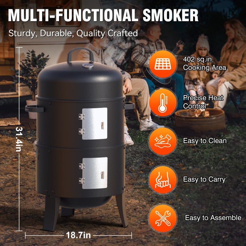 GRiliFE 16" Charcoal Smoker, 3 in 1 Heavy Duty Vertical Barbecue Grill, Outdoor Fire Pit 402 Square Inches Cooking Area, Versatile Outdoor Smoker Grill, Black - Image 2