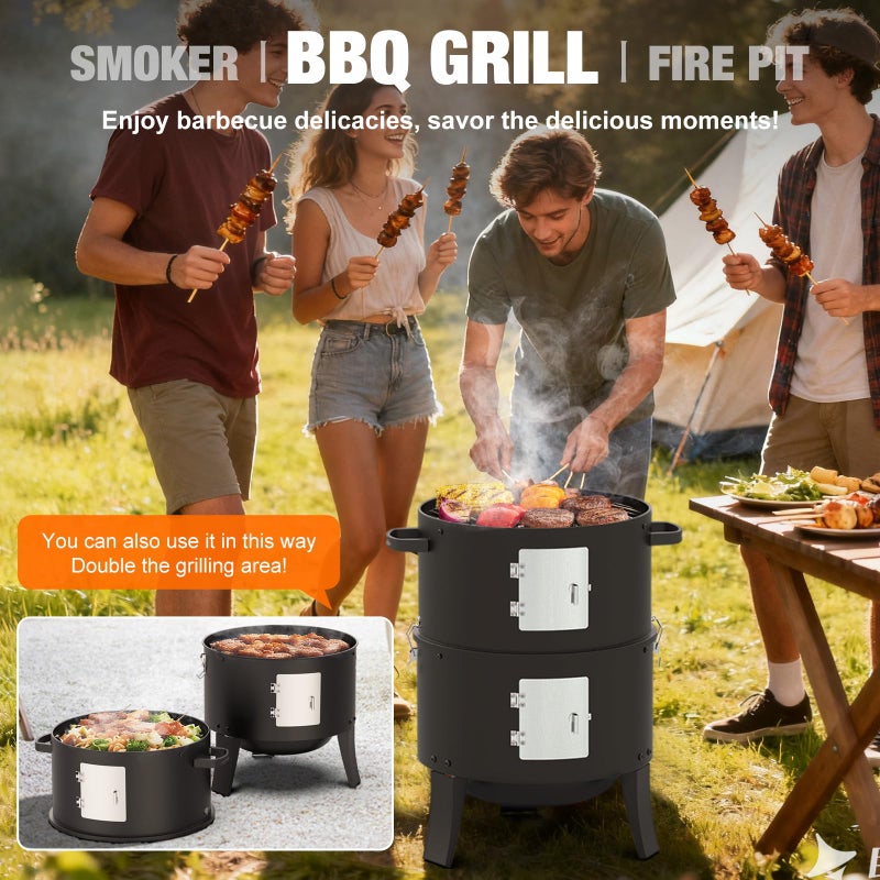 GRiliFE 16" Charcoal Smoker, 3 in 1 Heavy Duty Vertical Barbecue Grill, Outdoor Fire Pit 402 Square Inches Cooking Area, Versatile Outdoor Smoker Grill, Black - Image 4
