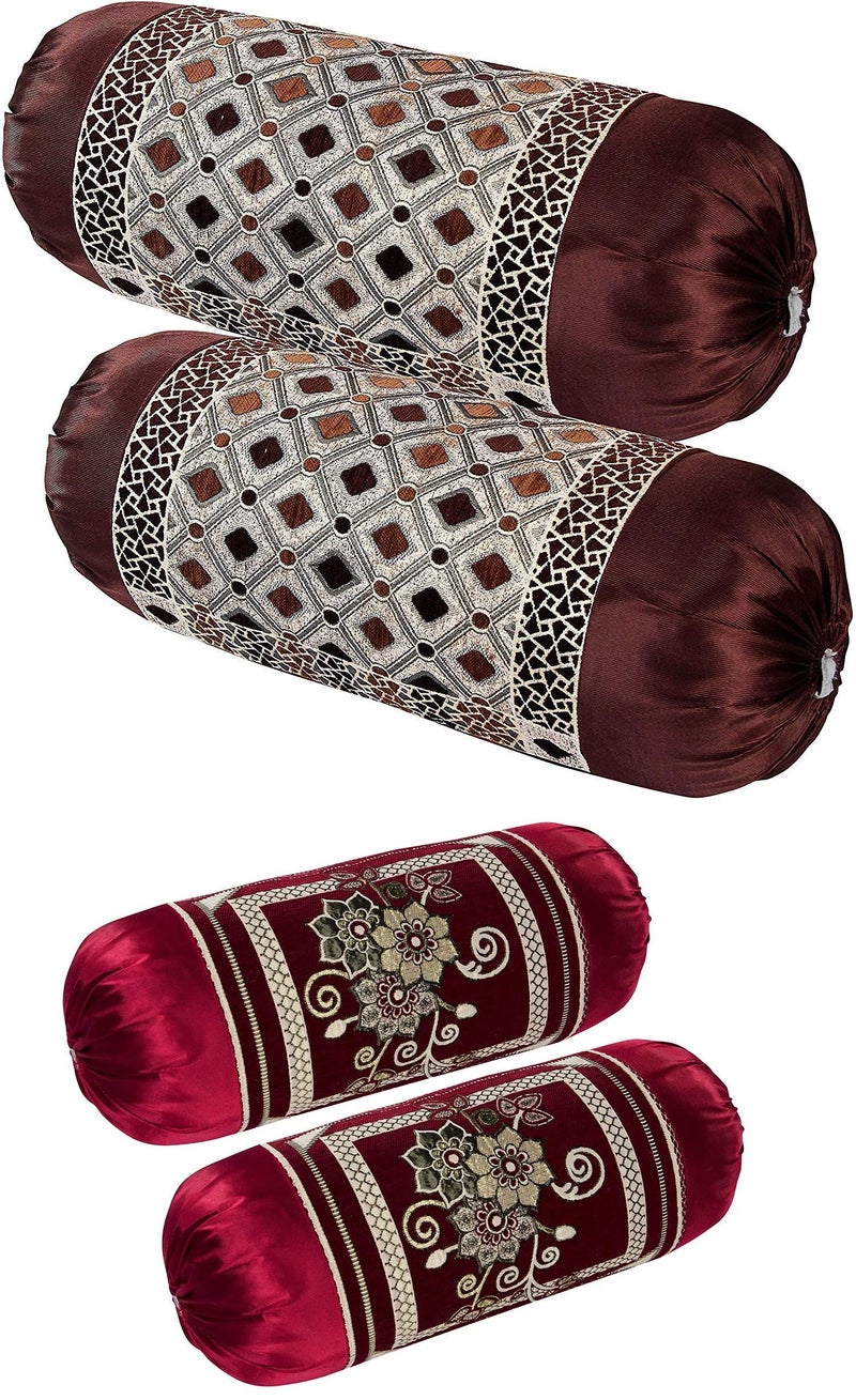 HSR Collection Chenille Velvet Bolster Cover, Bolster Pillow Cover Set of 4, Round Pillow Cover Set of 4-32 x 16 inches | Maroon and Brown - Image 1