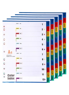 A4 File Dividers 12 Part Index Jan-Dec (5 Pack) A4 Plastic Binder Dividers, Multi-Punched 11-Hole Assorted Colours Month Index Divider Tabs for Most Ring Binders