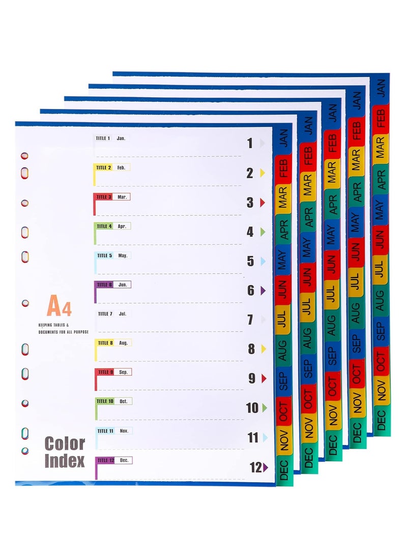 Generic - A4 File Dividers 12 Part Index Jan-Dec (5 Pack) A4 Plastic Binder Dividers, Multi-Punched 11-Hole Assorted Colours Month Index Divider Tabs for Most Ring Binders - Image 1