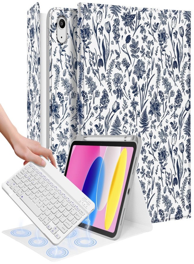 Wazzasoft for iPad 10th Generation Case with Keyboard - for iPad A16 Cases Pencil Holder 10.9 Inch Cover Women Girl Cute Girly Blue Floral Unique Design Funda for Apple Tablet 10th/11th gen - Image 1