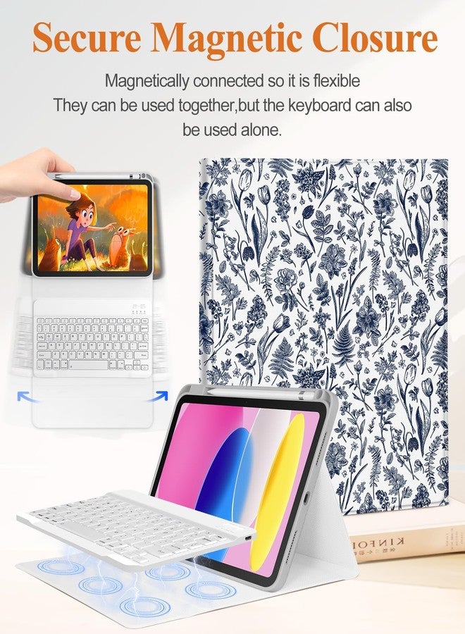 Wazzasoft for iPad 10th Generation Case with Keyboard - for iPad A16 Cases Pencil Holder 10.9 Inch Cover Women Girl Cute Girly Blue Floral Unique Design Funda for Apple Tablet 10th/11th gen - Image 4
