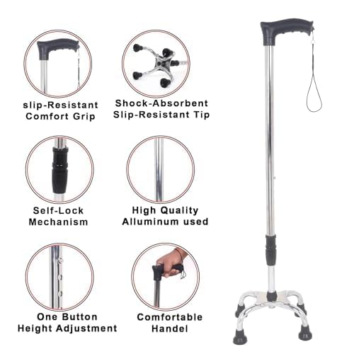 Physiqo 4 Leg Croome Adjustable Height with Handle Stainless Steel Walking Stick for Unisex- Silver - Image 2
