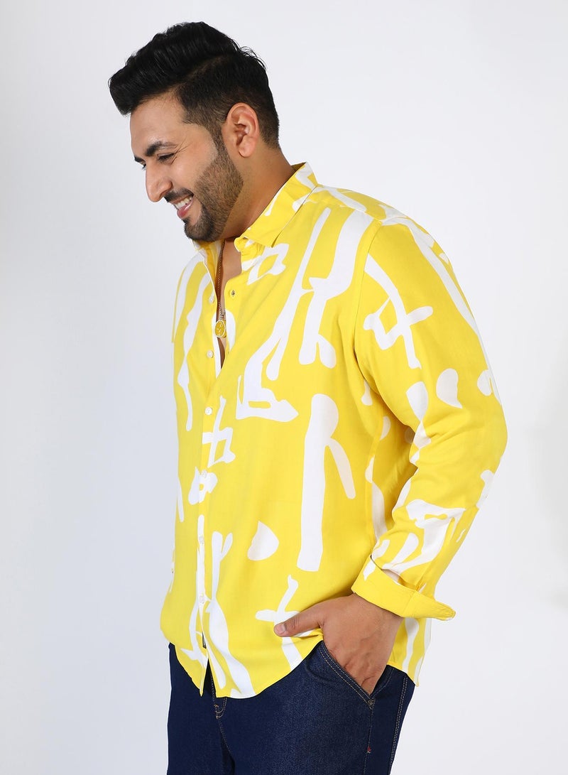 Instafab Plus Men's Lemon Yellow Abstract Print Shirt - Image 3