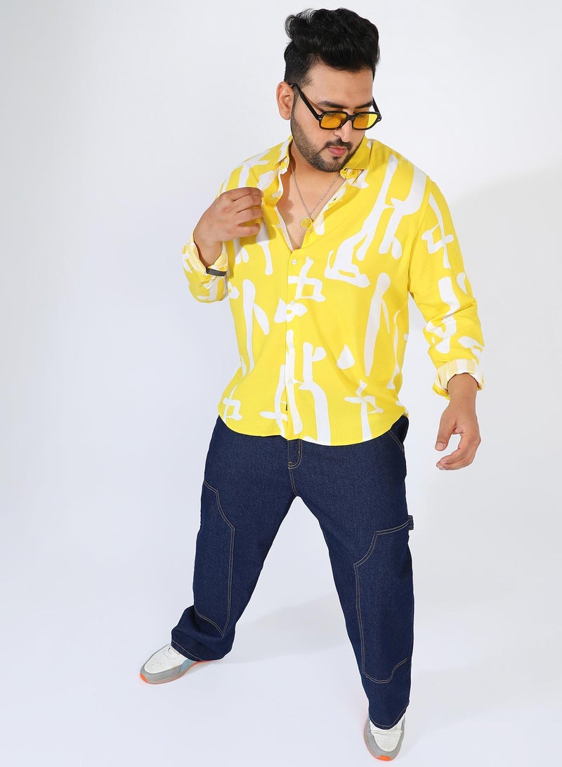 Instafab Plus Men's Lemon Yellow Abstract Print Shirt - Image 5