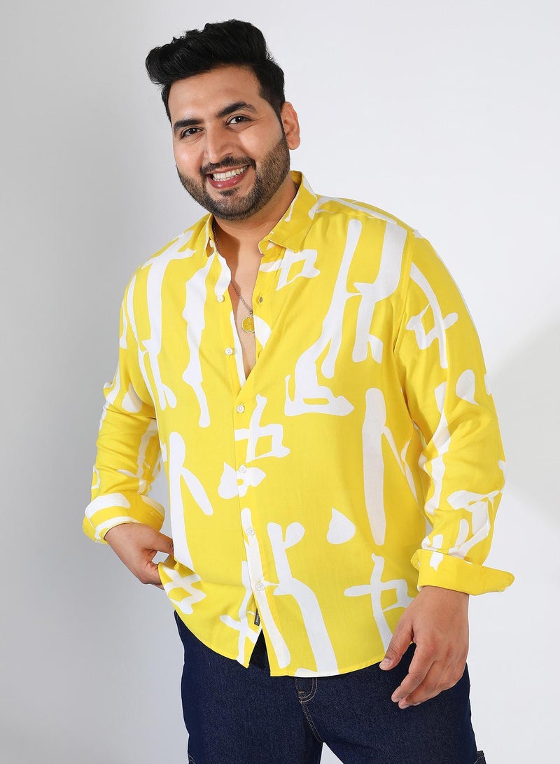 Instafab Plus Men's Lemon Yellow Abstract Print Shirt - Image 2