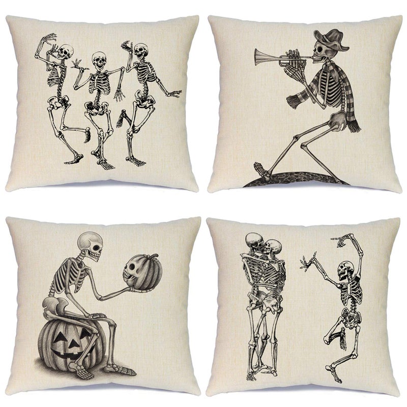 Ueerdand Ueerdand Halloween Pillow Covers Skeleton Skull Pumpkin Throw Pillowcases Set of 4 Cotton Linen Pillow Cushion Cover for Halloween Decorations  18 by 18 Inch  - Image 1