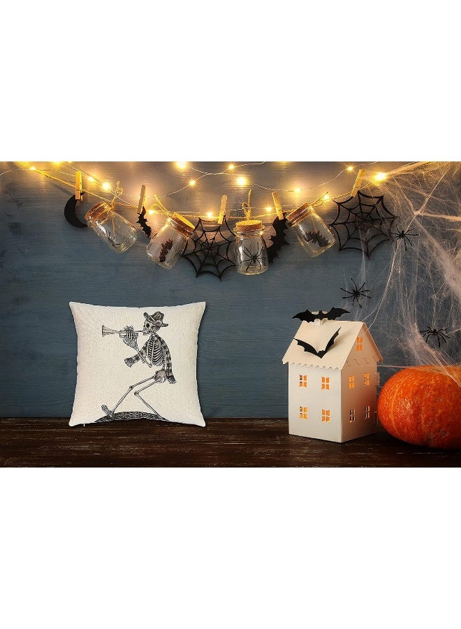 Ueerdand Ueerdand Halloween Pillow Covers Skeleton Skull Pumpkin Throw Pillowcases Set of 4 Cotton Linen Pillow Cushion Cover for Halloween Decorations  18 by 18 Inch  - Image 5