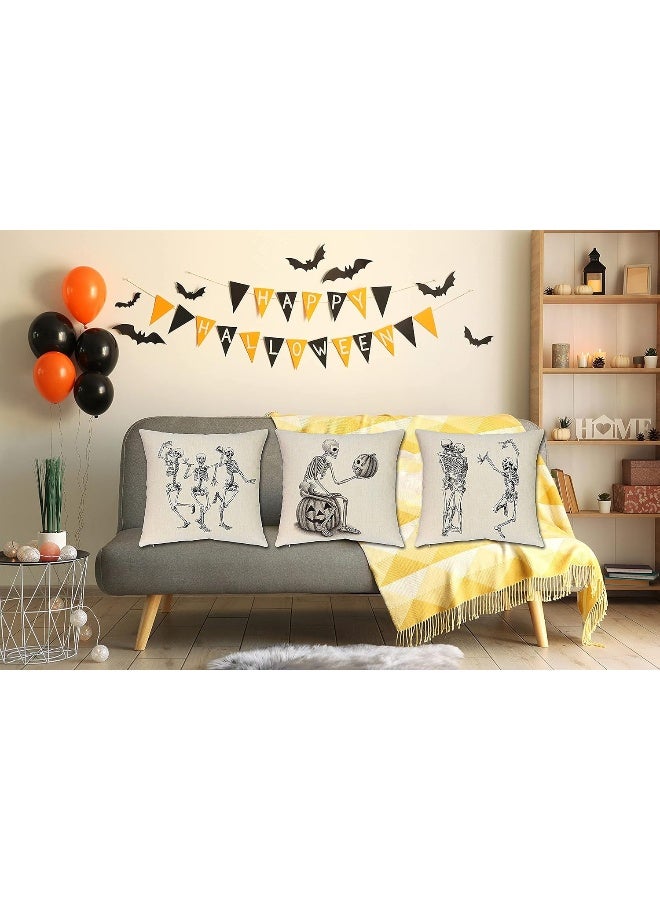 Ueerdand Ueerdand Halloween Pillow Covers Skeleton Skull Pumpkin Throw Pillowcases Set of 4 Cotton Linen Pillow Cushion Cover for Halloween Decorations  18 by 18 Inch  - Image 4