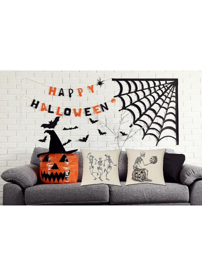 Ueerdand Ueerdand Halloween Pillow Covers Skeleton Skull Pumpkin Throw Pillowcases Set of 4 Cotton Linen Pillow Cushion Cover for Halloween Decorations  18 by 18 Inch  - Image 3