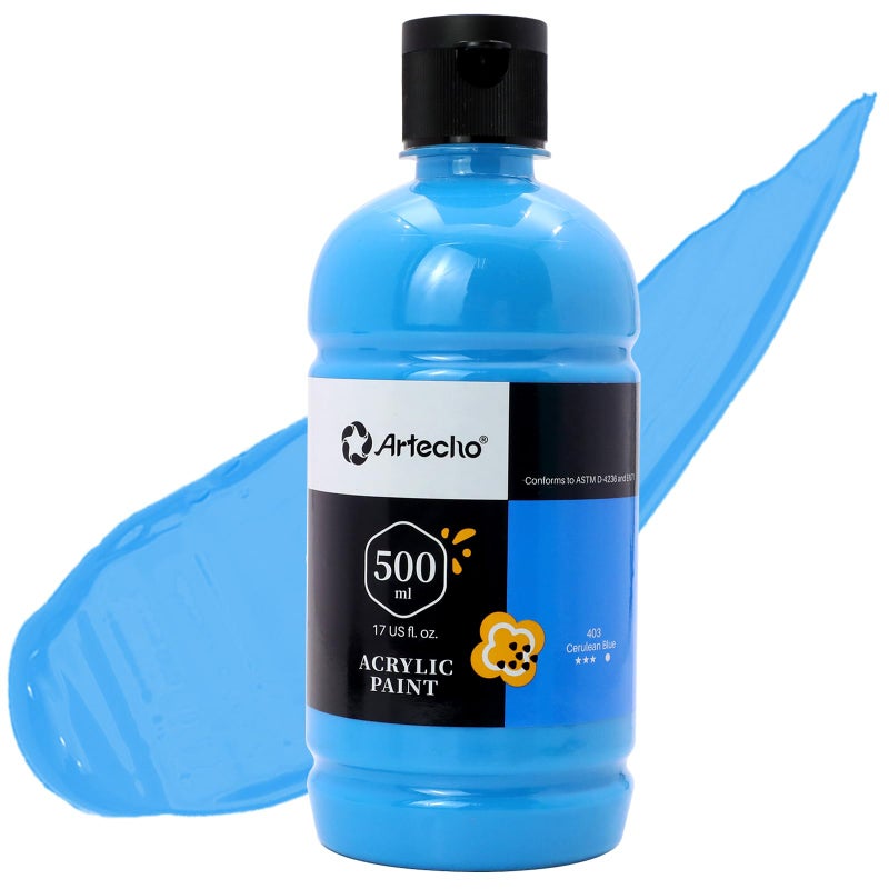 Artecho Cerulean Blue Acrylic Paint 500ml 17oz Large Bottle Craft Paint for Art Supplies Canvas Rocks Wood Fabric Ceramic Non Toxic