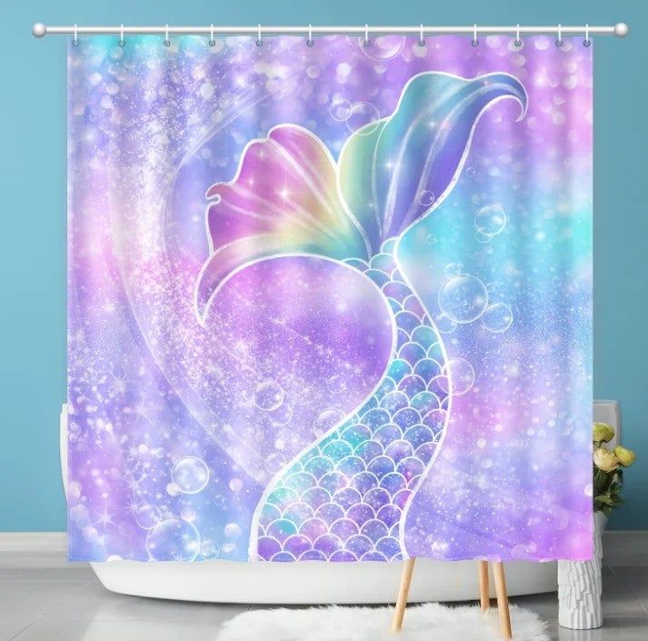 Y&D Design 3D Printing Cute Ocean Mermaid Bathroom Children Shower Curtain 4 Pieces Set with Hooks Anti-slip Carpet - Image 1