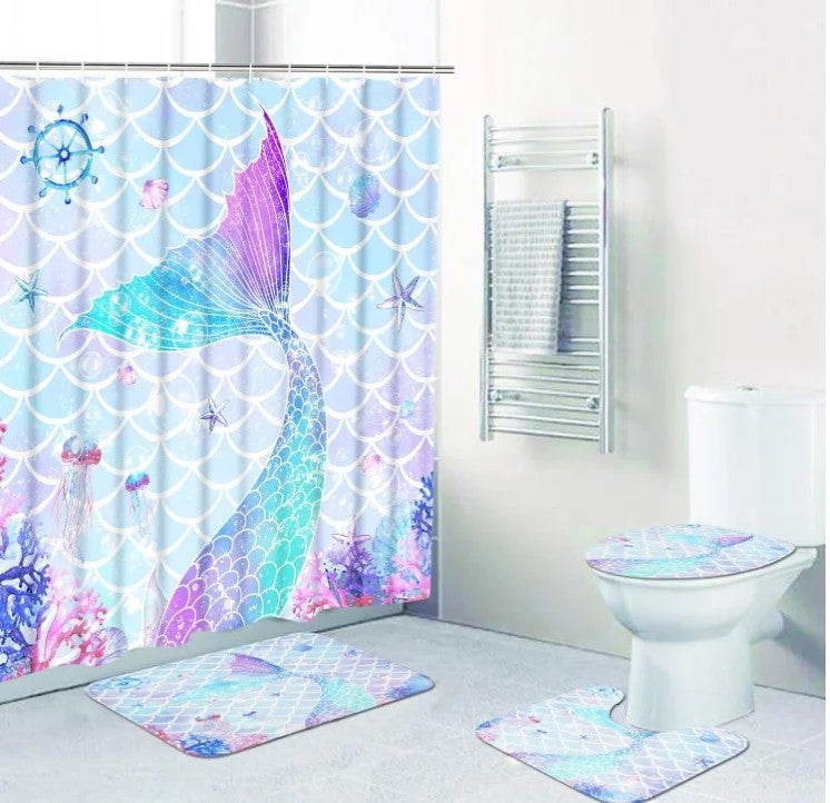 Y&D Design 3D Printing Cute Ocean Mermaid Bathroom Children Shower Curtain 4 Pieces Set with Hooks Anti-slip Carpet - Image 2