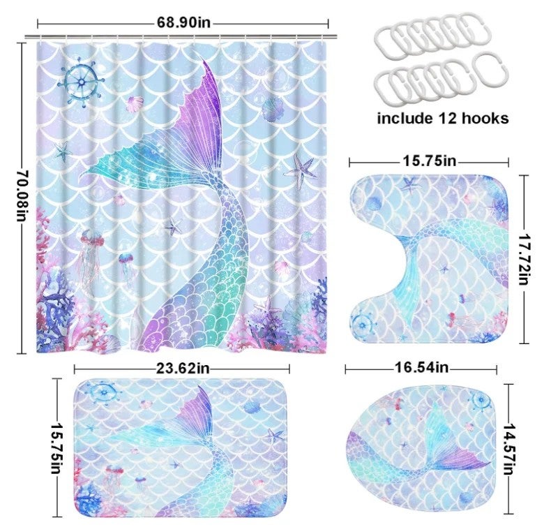 Y&D Design 3D Printing Cute Ocean Mermaid Bathroom Children Shower Curtain 4 Pieces Set with Hooks Anti-slip Carpet - Image 4