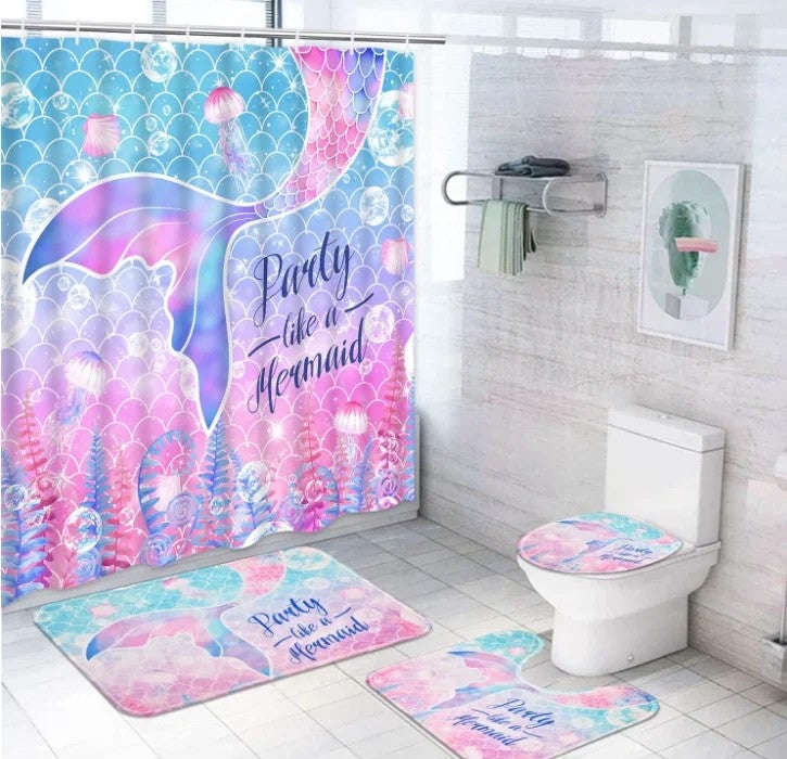 Y&D Design 3D Printing Cute Ocean Mermaid Bathroom Children Shower Curtain 4 Pieces Set with Hooks Anti-slip Carpet - Image 3