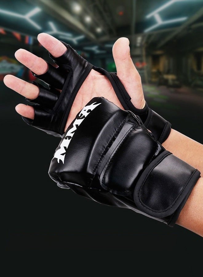 Hanayo Half-Finger MMA Boxing Gloves, Black – Unisex PU Leather Fight Training Gloves - Image 2