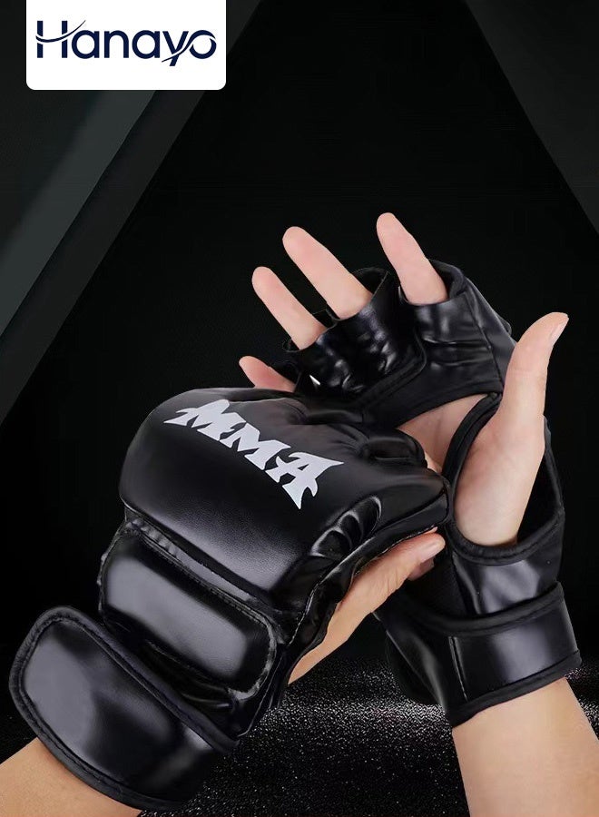 Hanayo Half-Finger MMA Boxing Gloves, Black – Unisex PU Leather Fight Training Gloves - Image 1