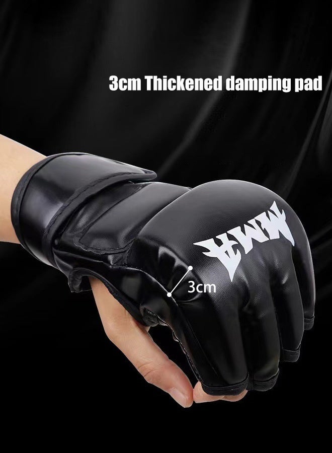 Hanayo Half-Finger MMA Boxing Gloves, Black – Unisex PU Leather Fight Training Gloves - Image 3