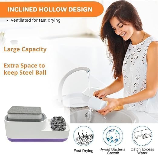 ZMOXY Soap Dispenser for Kitchen with Sponge Holder 400ml Hollow Design Durable Smooth Body Rust Proof 3 in 1 Liquid Soap Dispenser Sink Dish Washing Soap Dispenser Set - Image 5