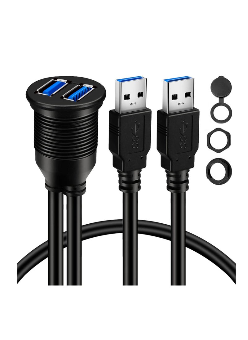 Excefore 2 Ports Dual USB 3.0 Male to USB 3.0 Female AUX Flush Mount Car Mount Extension Cable for Car Truck Boat Motorcycle Dashboard Panel 1ft  - Image 1