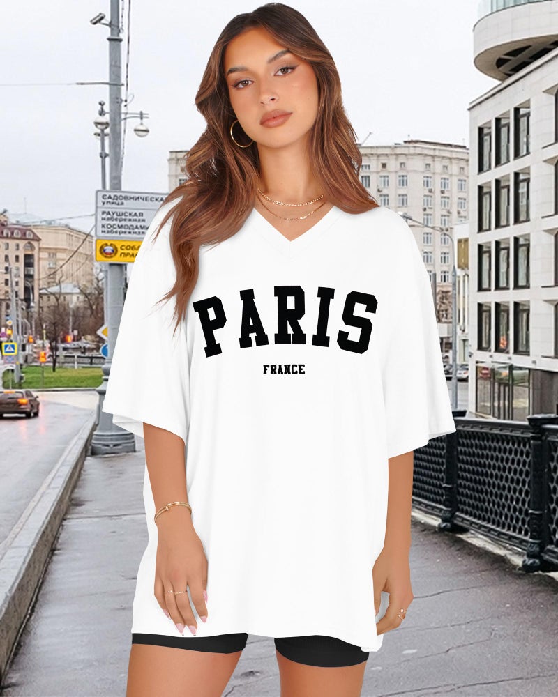 rosemia Oversized Tshirts for Women V Neck Short Sleeve Summer Casual Basic Loose Tops, White Black Letters, XL - Image 5
