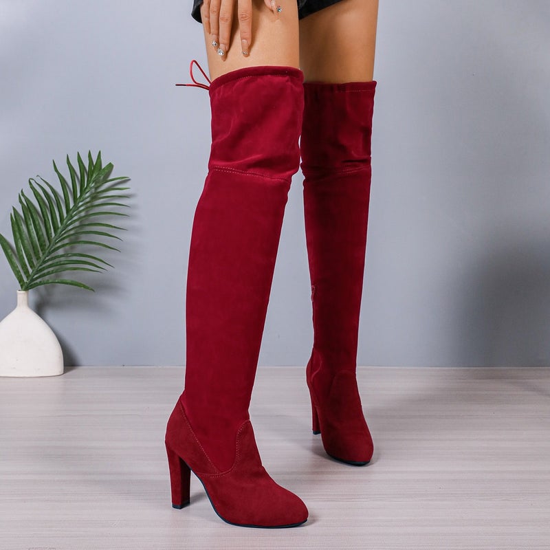 2021. Knee Boots Pointed Frosted Leather Thick Heel Boots - Image 5