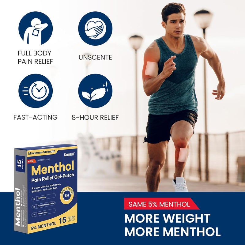 Sumifun لصقات سومي فون 5 لتخفيف الألم بالمنثول 15 قطعة لصقات للألم للظهر والرقبة والكتف والمرفق والركبة  لصقات تخفيف الألم بالمنثول بأقصى قوة 8 ساعات من تخفيف الألم - Image 3