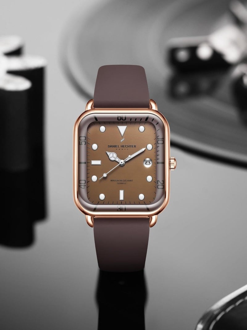 Daniel Hechter Paris Montmartre Collection Square Dial Watch for Men with Stylish Silicone Strap, Water Resistant & Quartz Movement-DHM1011 (Brown White) - Image 3
