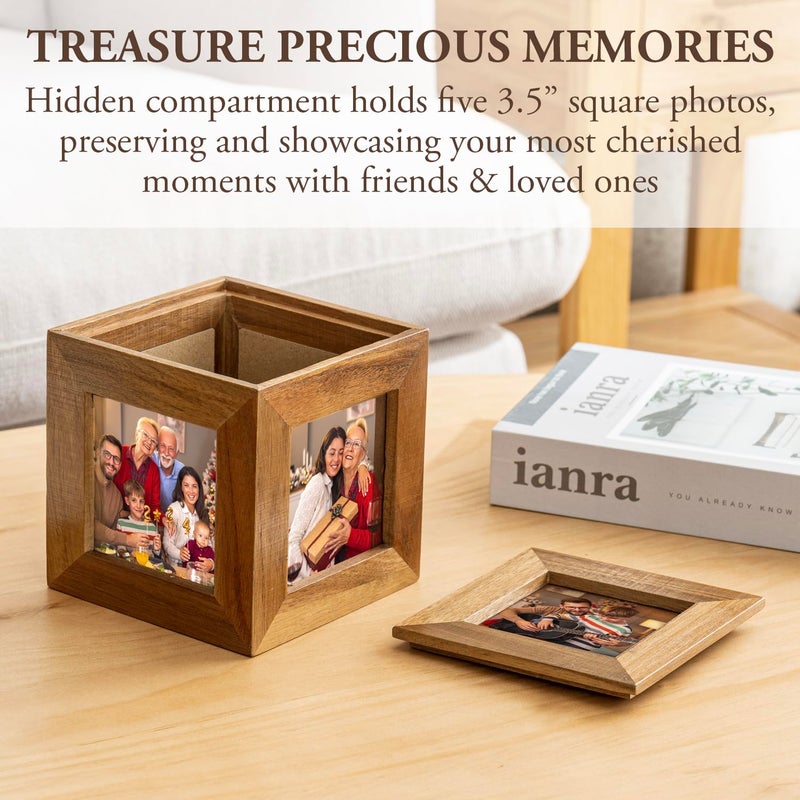 MyGift MyGift 5 Inch Premium Acacia Wood Mini Photo Cube and Hidden Keepsake Gift Box  Decorative Table Centerpiece Wooden Picture Holder Frame  Display Five Square Photos up to 3.5 - Image 3