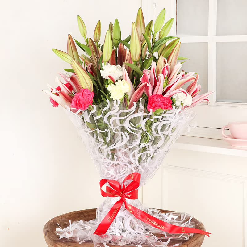 FlowerAura Fresh Live Flower Bouquet of 6 Pink Lily 10 Mix Carnations Flowers For Birthday Gift Anniversary Gift Wedding Gift Congratulations Gift Gift For Special Occasions Same Day Delivery - Image 1