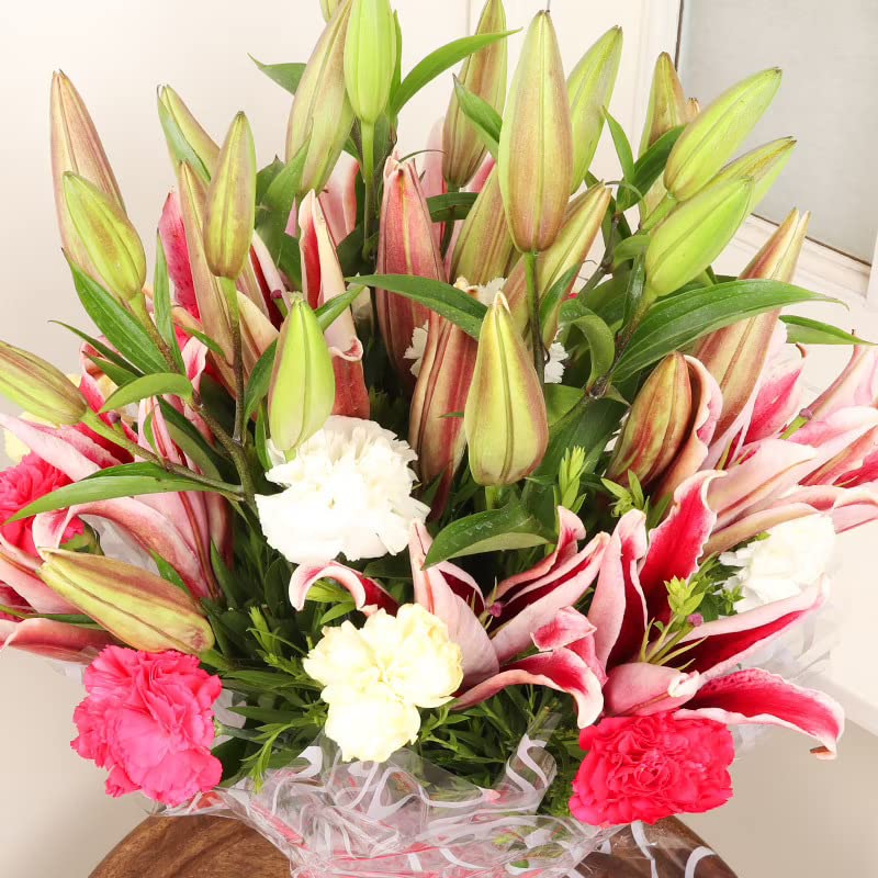 FlowerAura Fresh Live Flower Bouquet of 6 Pink Lily 10 Mix Carnations Flowers For Birthday Gift Anniversary Gift Wedding Gift Congratulations Gift Gift For Special Occasions Same Day Delivery - Image 2