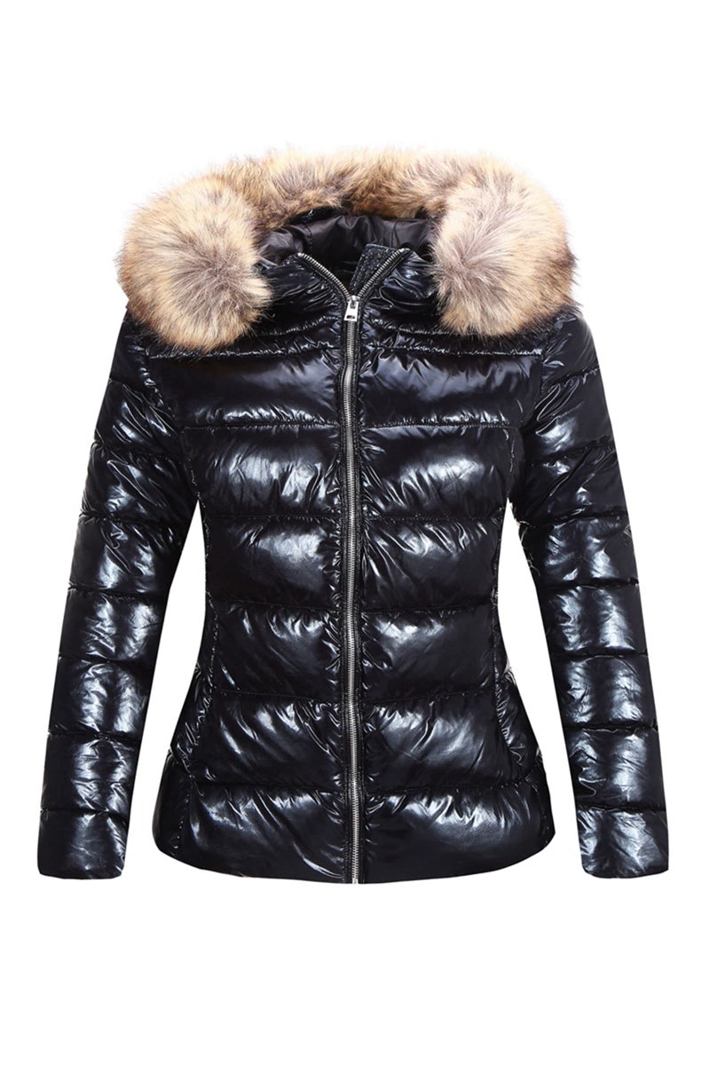Bellivera Womens Puffer Jacket Warm Coat Hooded with Fur Collar 7695 Black XXL