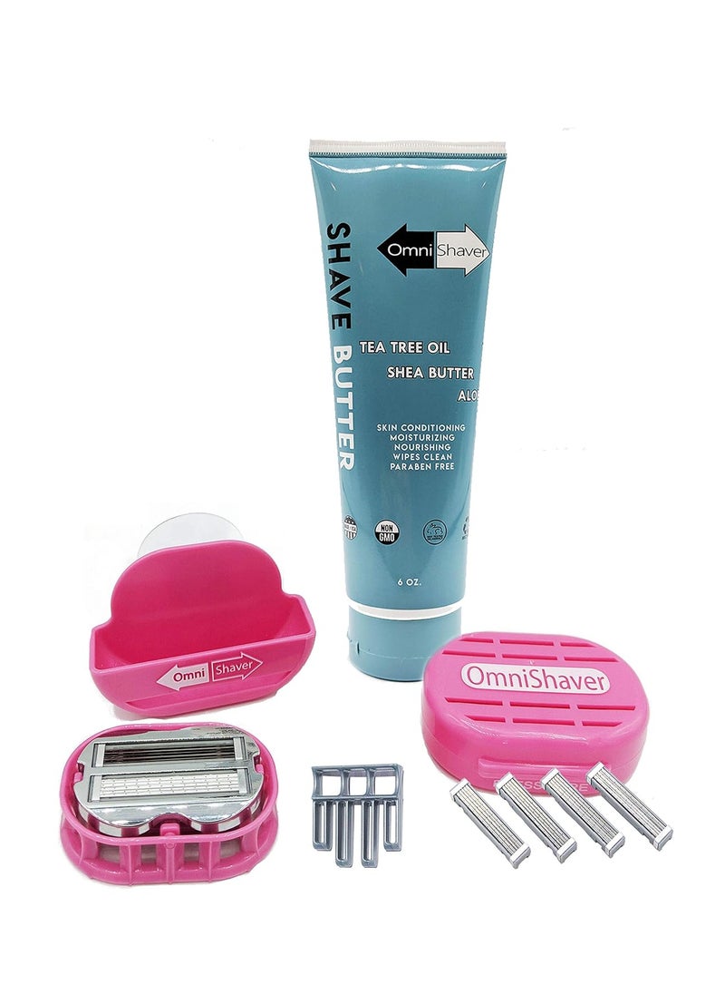 OmniShaver Premium Omnishaver Kit - The Fastest Way to Shave Head, Legs, Arms, Body | An Alternative to Disposable Shaving Razors Self Cleans & Strops During Use with Shave Butter & Replacement Cartridges - Pink 