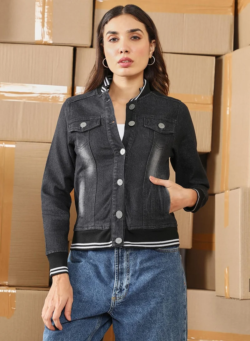 Campus Sutra Women's Midnight Black Mid-Wash Denim Bomber Jacket
