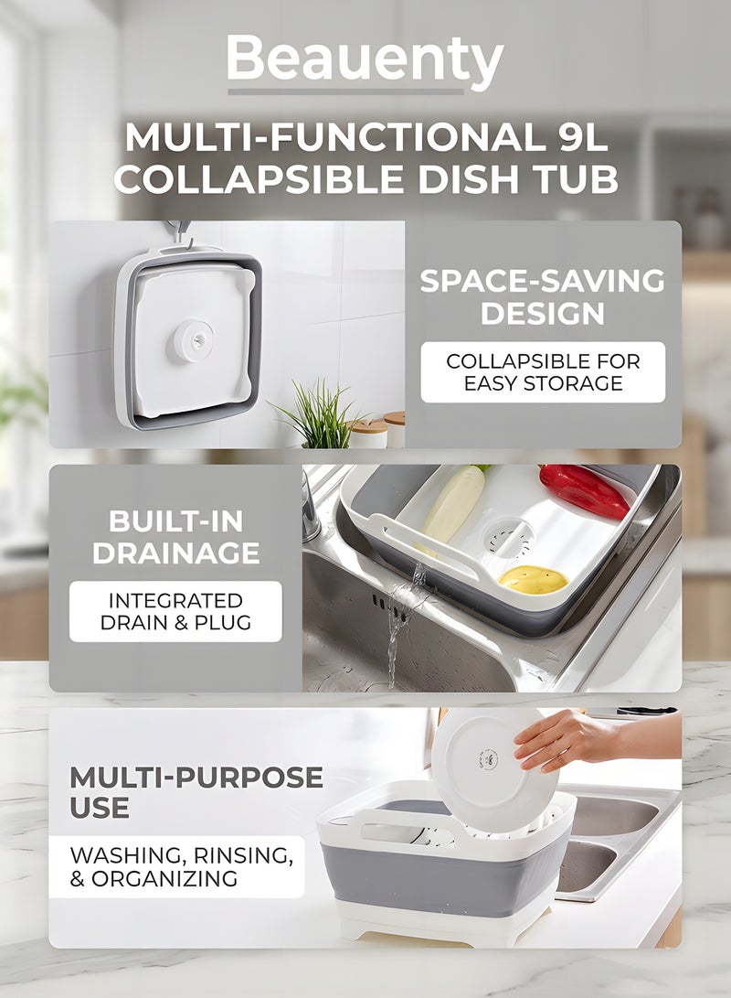 Beauenty 9L Collapsible Dish Tub,Portable Sink,With Draining Plug Strainers,Foldable Laundry Tub,Dishpan For Kitchen Sink,Camping Dish Washing Tub,Vegetable Washing, RV,Kitchen Storage Basket - Image 2
