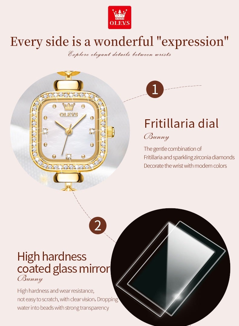 أوليفز ساعة سوار نسائية مربعة بتصميم فاخر ومزخرفة بالألماس، مقاومة للماء حتى 30 متر - Image 2