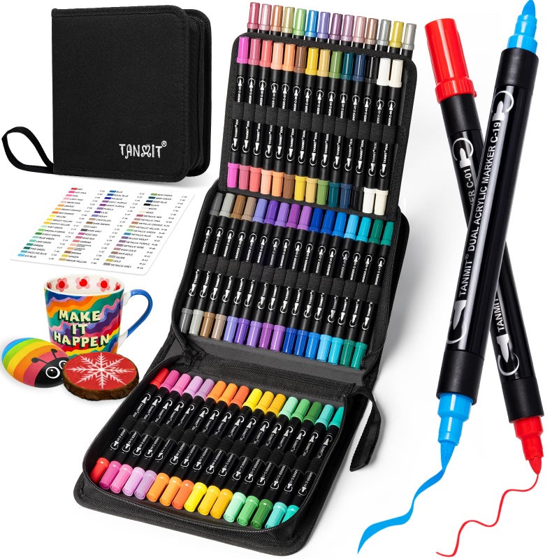 TANMIT 60 Colors Acrylic Paint Pens, Dual Tip Acrylic Paint Markers with Brush Tip and Fine Tip, Acrylic Pens for Rock Painting, Wood, Canvas, Stone, Glass, Ceramic,DIY Crafts Making Art Supplies - Image 1