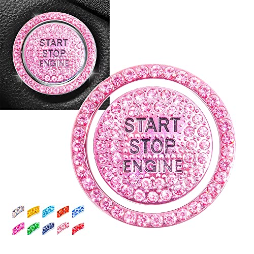 hallomomo Engine Start Stop Button Bling Ring,Key Ignition Starter & Knob Ring Crystal Rhinestone Cover, Push Start Button Diamond Decor (Ring+Cover, Pink) - Image 1