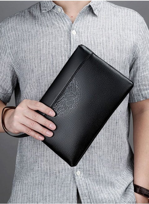 Totem Embossed Printing Clutch Bag Super Slim Anti-theft Minimalist Textured Large Leather Wallet Card Case Gift for Men Black