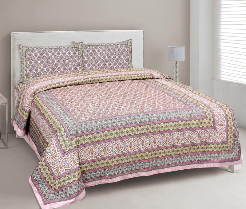 elanorhomes Cotton Double King Size Bedsheet | Hand Printed | Ultra-Soft & Skin-Safe | Breathable Summer Comfort | 90x108 inches with 2 Pillow Covers (Gulabi Chhaon) - Image 1