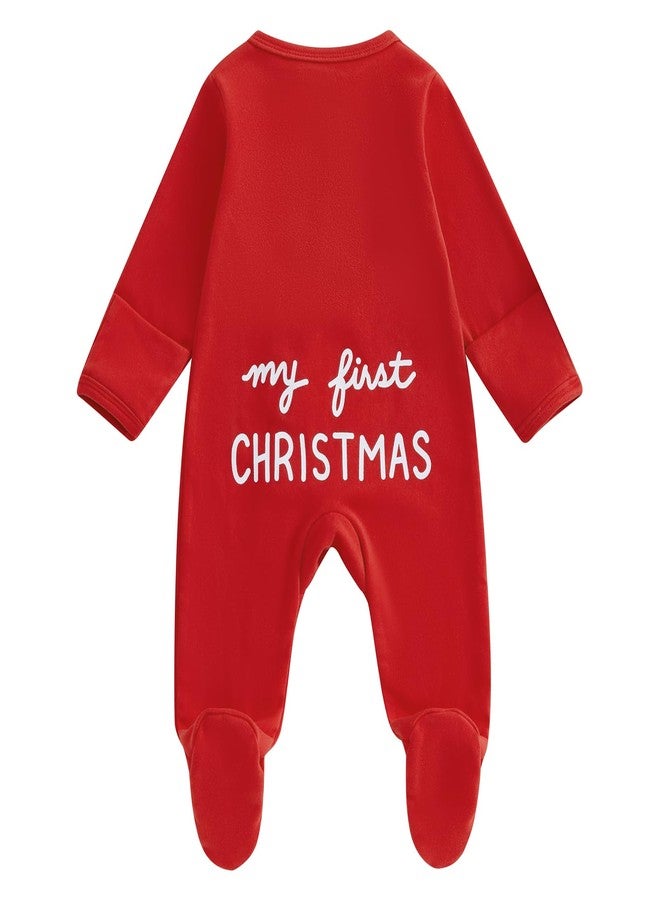 Lamuusaa Newborn Baby Girl Boy Christmas Outfit My First Christmas Footie Romper Zipper Bodysuit Jumpsuit Fall Winter Clothes (Red, 6-12 Months) - Image 1
