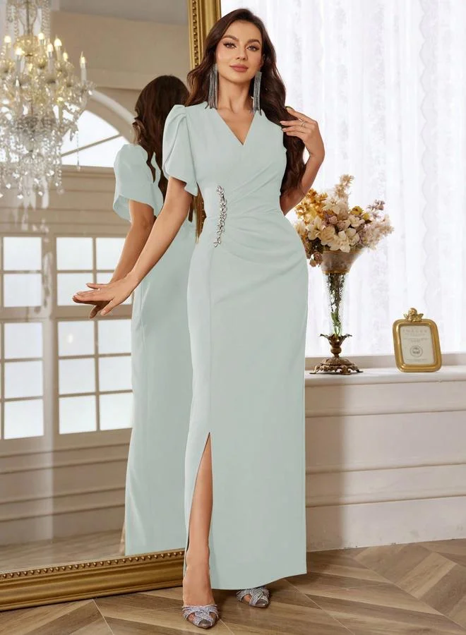 تايك تو Women'S Ruching Detail Puff Sleeve Embellished Waist Maxi Dress