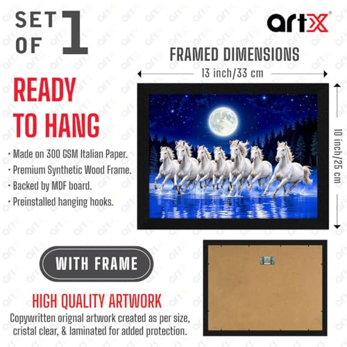ArtX Paper 7 Horses Vastu Frame Wall Art Painting, White Running Horses at Night Moon with Blue Background On Water, Vastu Wall Decor, Multicolor, Nature, 13.0 X 10.0 inch, Set of 1 - Image 2