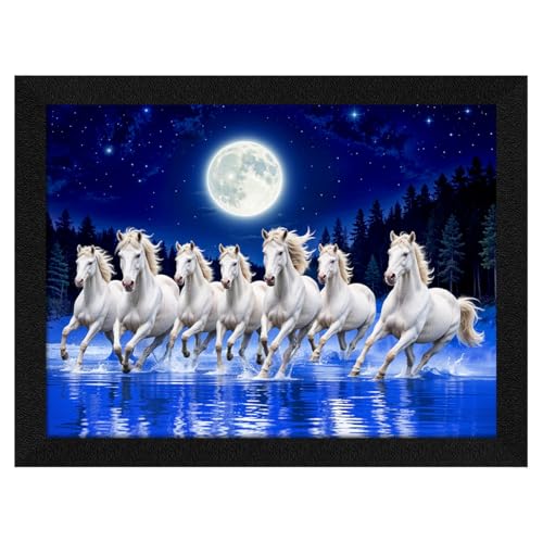ArtX Paper 7 Horses Vastu Frame Wall Art Painting, White Running Horses at Night Moon with Blue Background On Water, Vastu Wall Decor, Multicolor, Nature, 13.0 X 10.0 inch, Set of 1 - Image 1