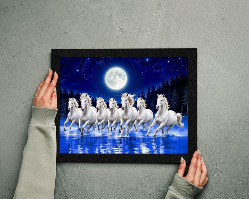 ArtX Paper 7 Horses Vastu Frame Wall Art Painting, White Running Horses at Night Moon with Blue Background On Water, Vastu Wall Decor, Multicolor, Nature, 13.0 X 10.0 inch, Set of 1 - Image 3