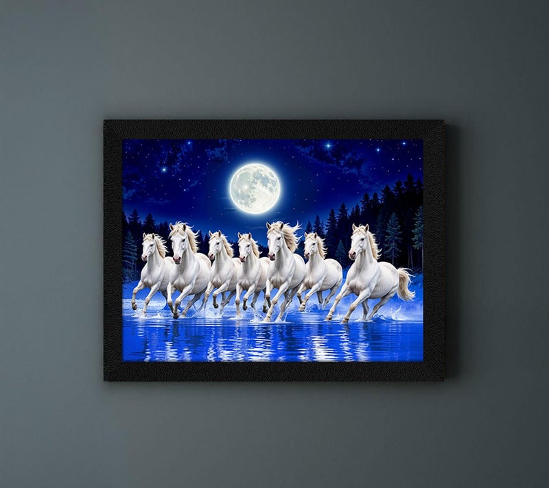ArtX Paper 7 Horses Vastu Frame Wall Art Painting, White Running Horses at Night Moon with Blue Background On Water, Vastu Wall Decor, Multicolor, Nature, 13.0 X 10.0 inch, Set of 1 - Image 5