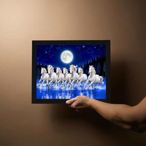 ArtX Paper 7 Horses Vastu Frame Wall Art Painting, White Running Horses at Night Moon with Blue Background On Water, Vastu Wall Decor, Multicolor, Nature, 13.0 X 10.0 inch, Set of 1 - Image 4