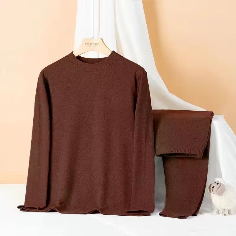 Middle-aged and elderly peoples half-high collar two-piece plus size autumn clothes long pants mens velvet slim-fit fleece-lined thermal underwear suit Brown [derong half turtle collar suit] [counter quality] 